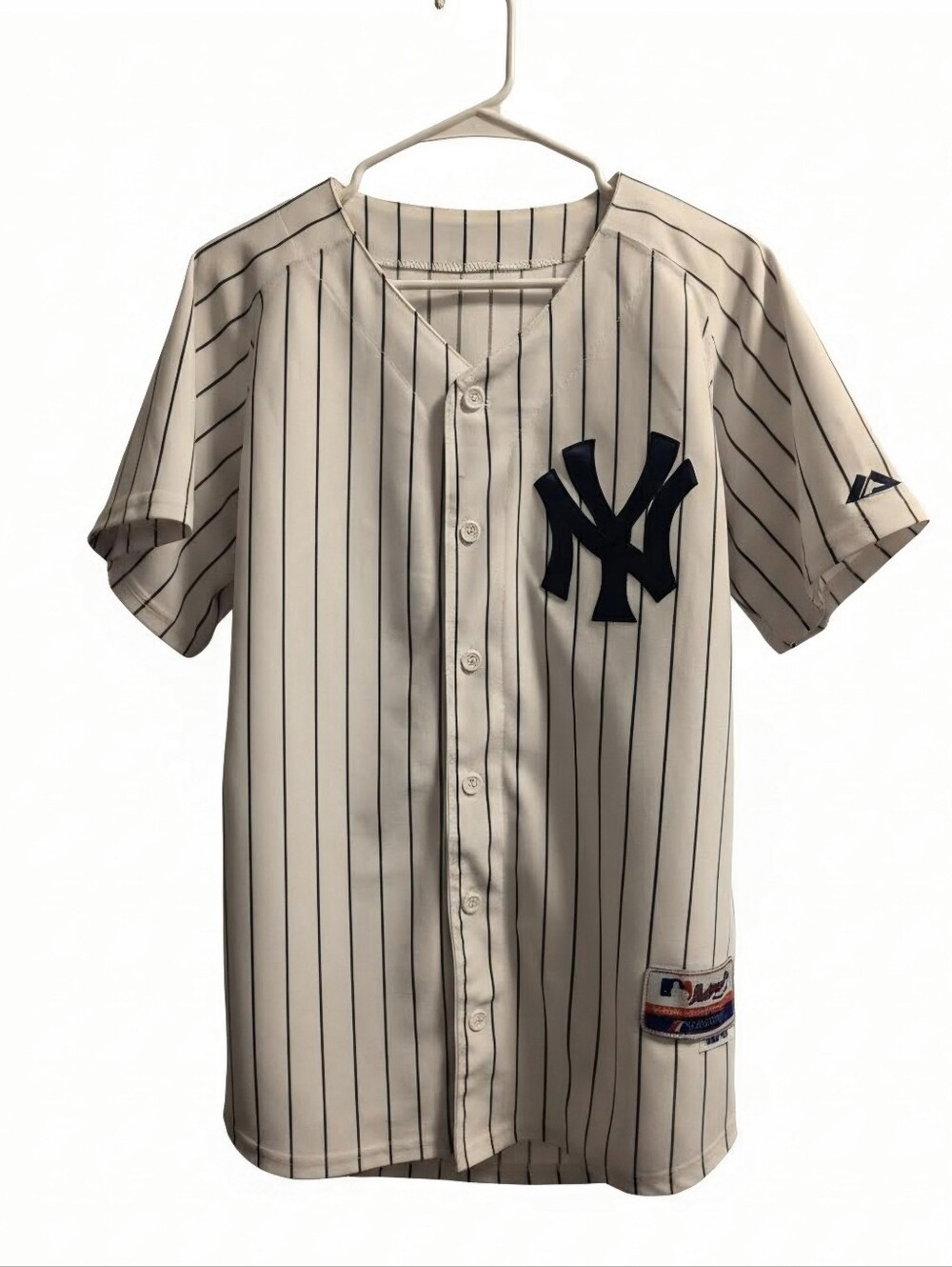 Majestic White Baseball Jersey with Navy Pinstripes